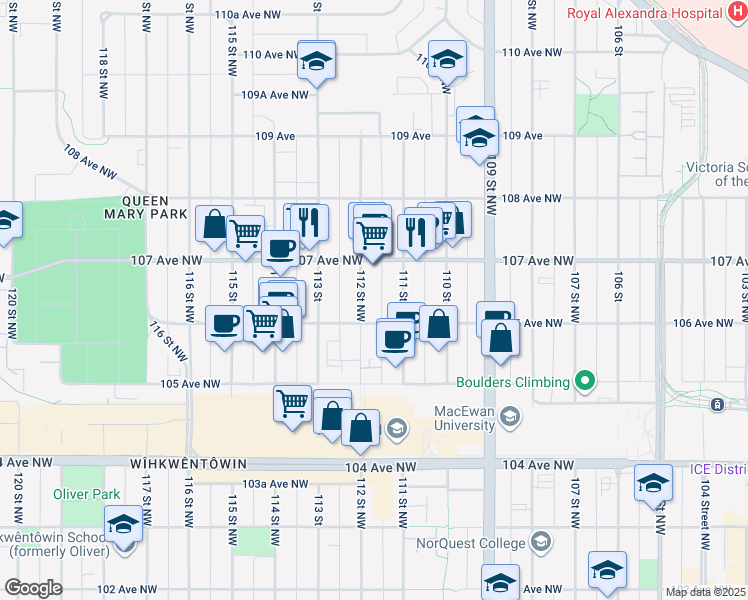 map of restaurants, bars, coffee shops, grocery stores, and more near 10604 112 Street Northwest in Edmonton