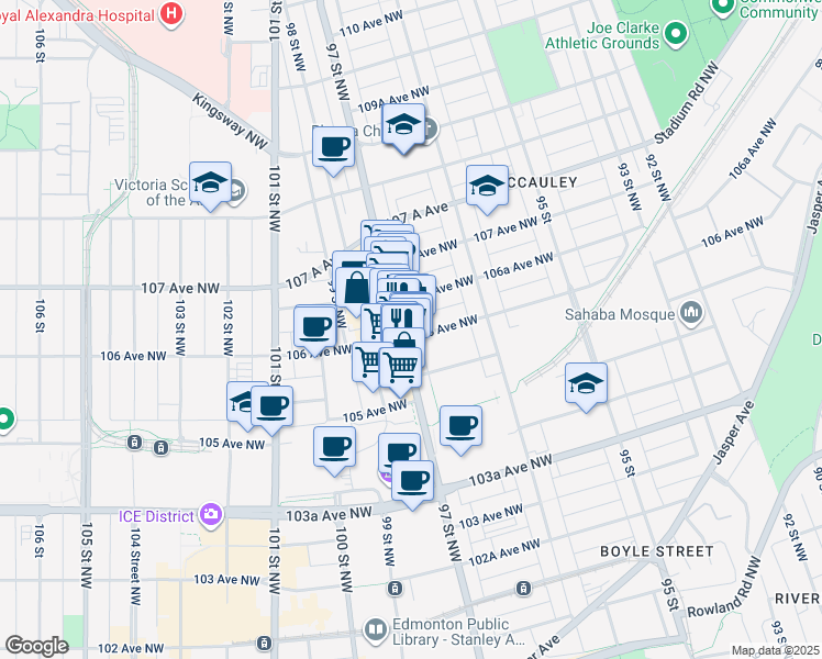 map of restaurants, bars, coffee shops, grocery stores, and more near 10575 97 Street Northwest in Edmonton
