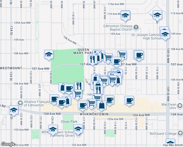 map of restaurants, bars, coffee shops, grocery stores, and more near 10620 116 Street Northwest in Edmonton
