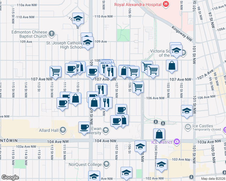 map of restaurants, bars, coffee shops, grocery stores, and more near 10620 107 Street Northwest in Edmonton