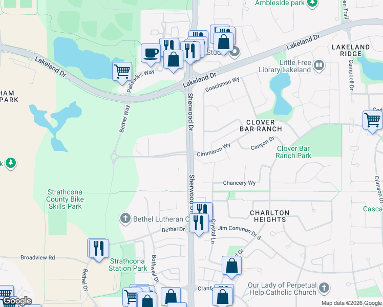map of restaurants, bars, coffee shops, grocery stores, and more near 42 Sherwood Drive in Sherwood Park