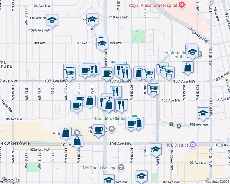 map of restaurants, bars, coffee shops, grocery stores, and more near in Edmonton