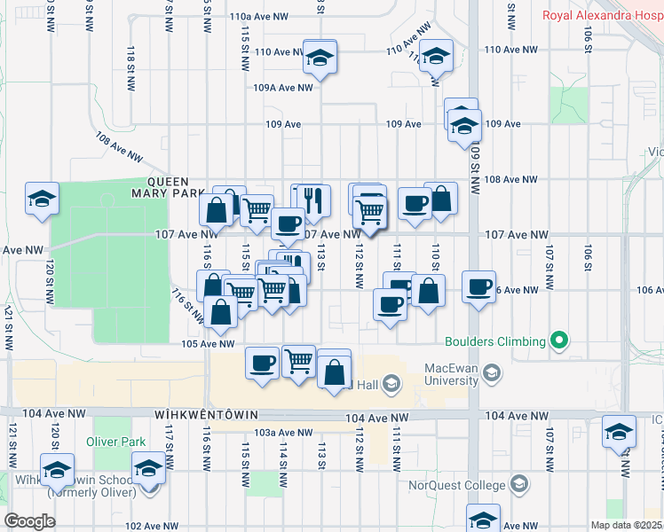 map of restaurants, bars, coffee shops, grocery stores, and more near 11228 106 Avenue Northwest in Edmonton
