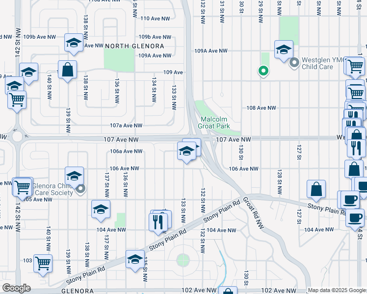 map of restaurants, bars, coffee shops, grocery stores, and more near 10610 133 Street Northwest in Edmonton