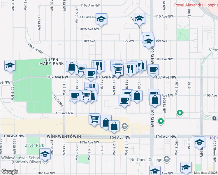 map of restaurants, bars, coffee shops, grocery stores, and more near 10630 112 Street Northwest in Edmonton