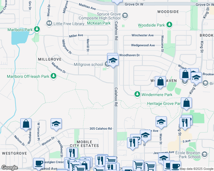 map of restaurants, bars, coffee shops, grocery stores, and more near 779 Calahoo Road in Spruce Grove