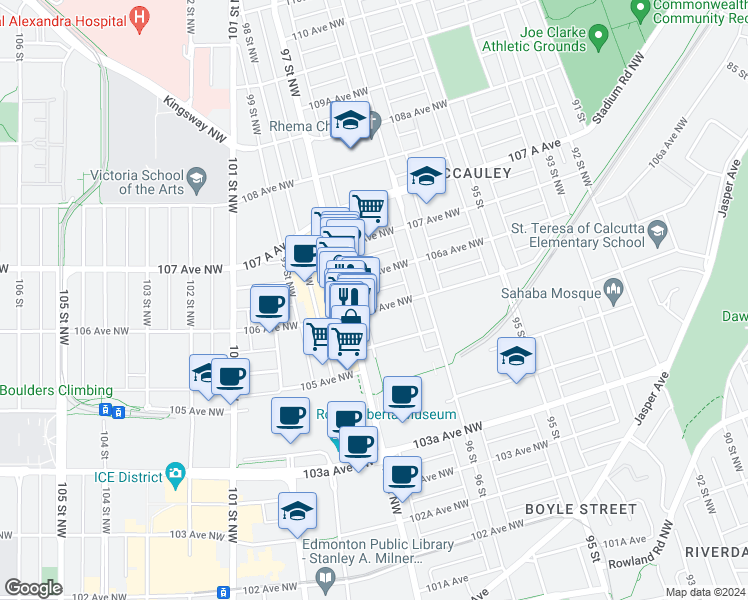 map of restaurants, bars, coffee shops, grocery stores, and more near 9636 105A Avenue Northwest in Edmonton