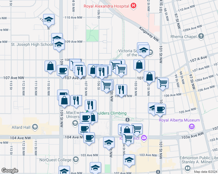 map of restaurants, bars, coffee shops, grocery stores, and more near in Edmonton