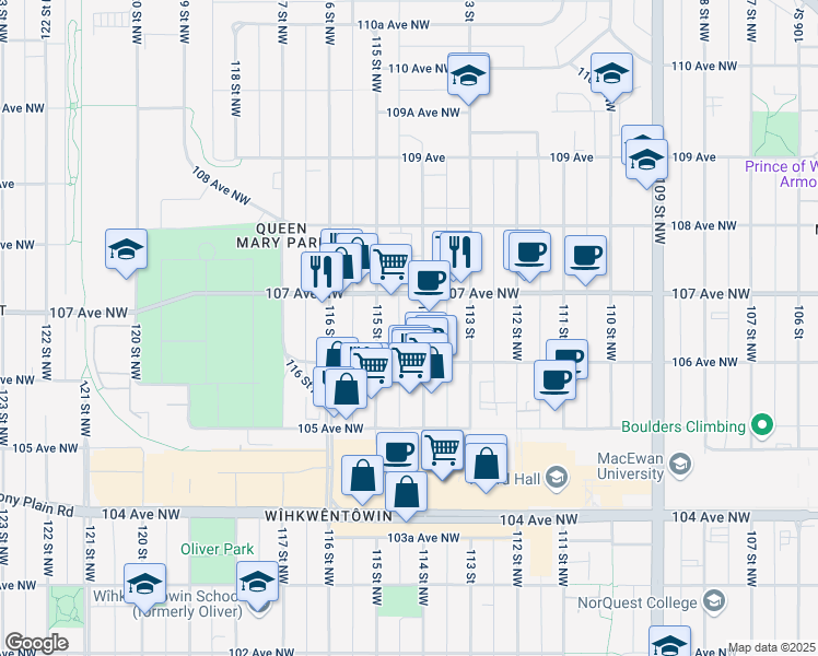 map of restaurants, bars, coffee shops, grocery stores, and more near 10620 114 Street Northwest in Edmonton