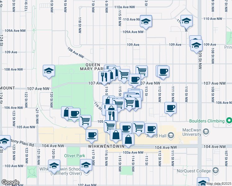 map of restaurants, bars, coffee shops, grocery stores, and more near 11506 106 Avenue Northwest in Edmonton
