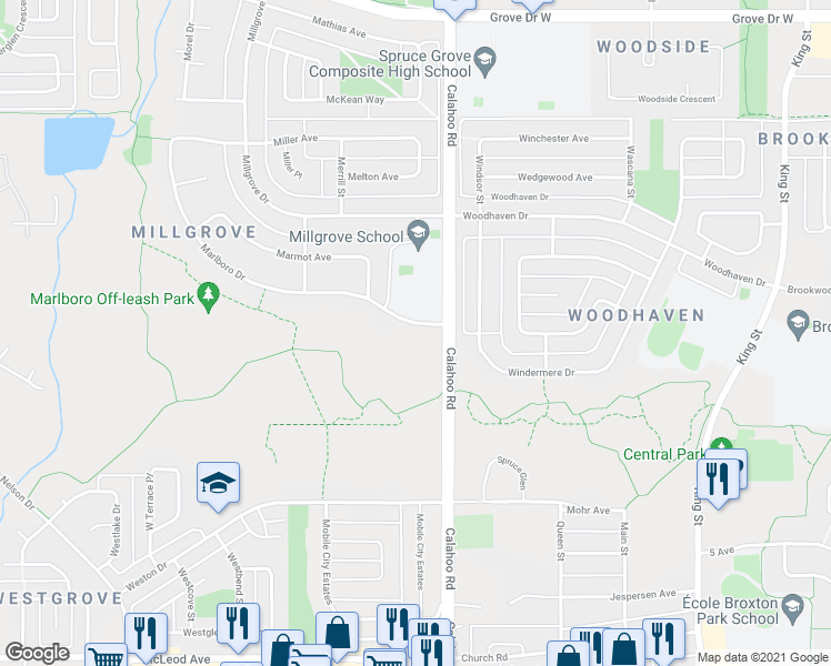 map of restaurants, bars, coffee shops, grocery stores, and more near 789 Calahoo Road in Spruce Grove