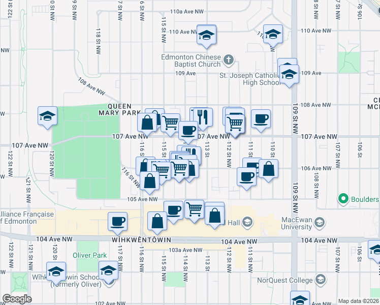 map of restaurants, bars, coffee shops, grocery stores, and more near 10607 114 Street Northwest in Edmonton