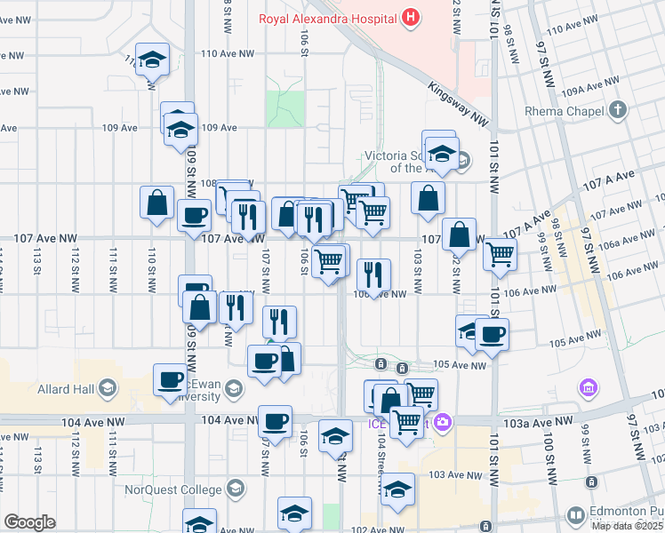 map of restaurants, bars, coffee shops, grocery stores, and more near 10630 105 Street Northwest in Edmonton