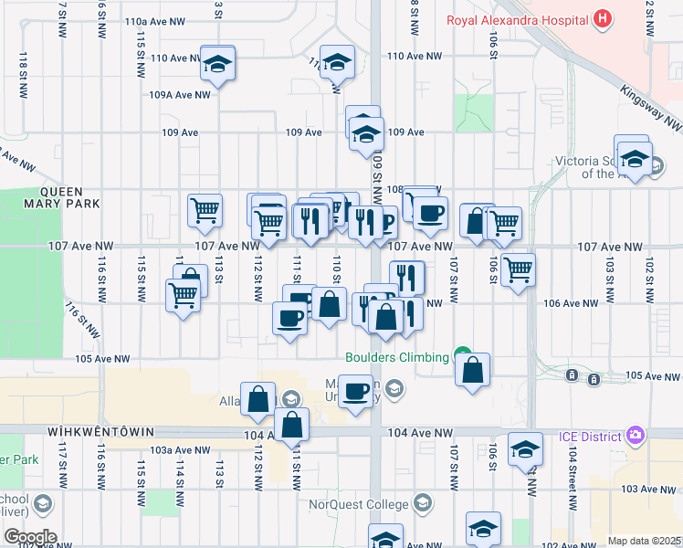 map of restaurants, bars, coffee shops, grocery stores, and more near 10633 110 Street Northwest in Edmonton