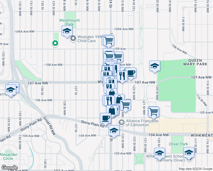 map of restaurants, bars, coffee shops, grocery stores, and more near 10616 124 Street in Edmonton