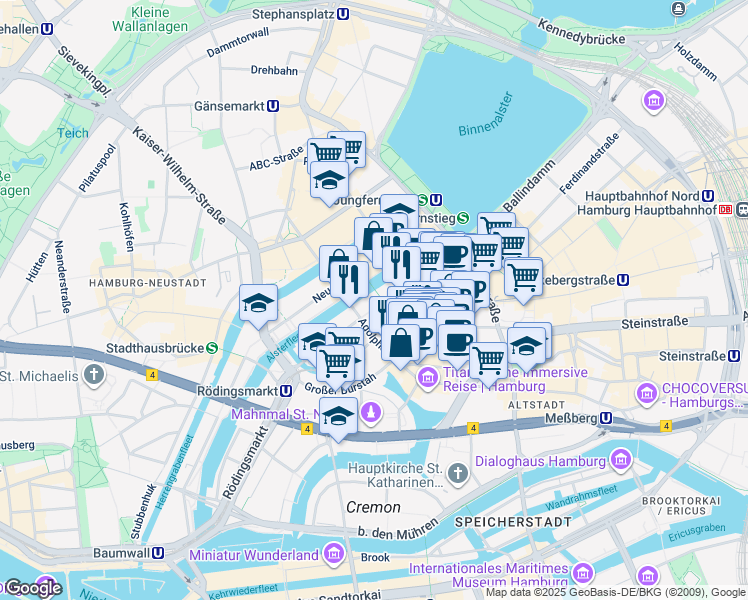 map of restaurants, bars, coffee shops, grocery stores, and more near 20 Alter Wall in Hamburg