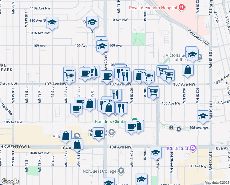 map of restaurants, bars, coffee shops, grocery stores, and more near in Edmonton
