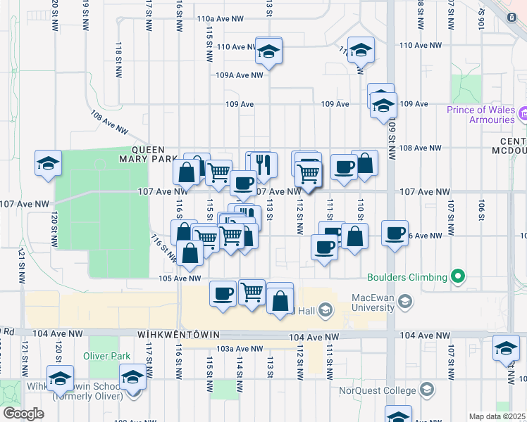 map of restaurants, bars, coffee shops, grocery stores, and more near 11228 106 Avenue Northwest in Edmonton