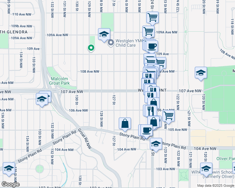 map of restaurants, bars, coffee shops, grocery stores, and more near 12625 107 Avenue Northwest in Edmonton