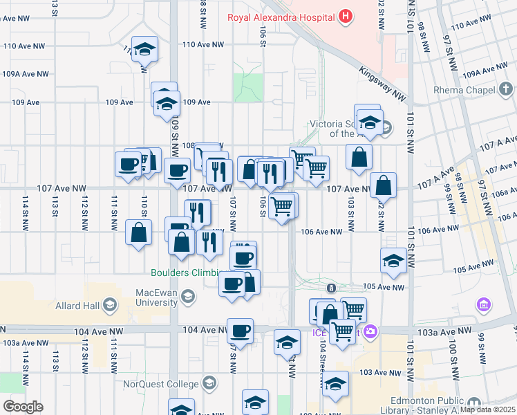 map of restaurants, bars, coffee shops, grocery stores, and more near 10638 106 Street Northwest in Edmonton