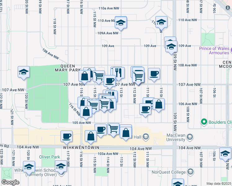 map of restaurants, bars, coffee shops, grocery stores, and more near 10634 113 Street Northwest in Edmonton