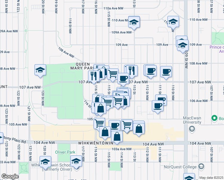 map of restaurants, bars, coffee shops, grocery stores, and more near 10635 115 Street Northwest in Edmonton