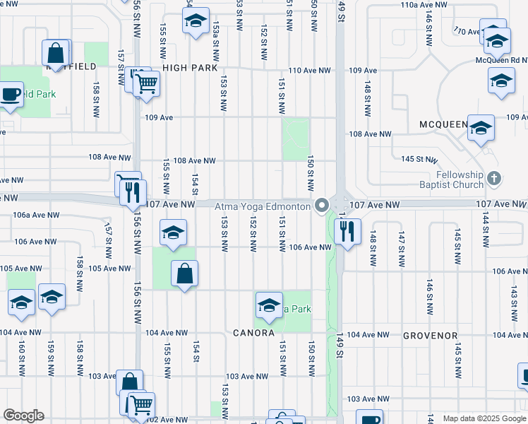 map of restaurants, bars, coffee shops, grocery stores, and more near 10711 152 Street Northwest in Edmonton