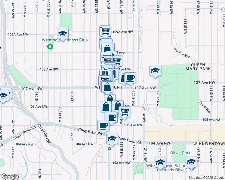 map of restaurants, bars, coffee shops, grocery stores, and more near 12321 107 Avenue Northwest in Edmonton