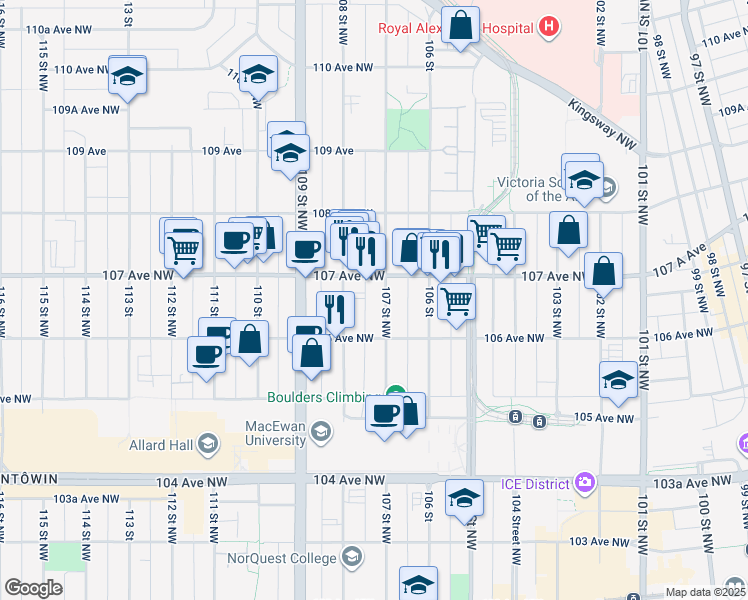 map of restaurants, bars, coffee shops, grocery stores, and more near 10704 107 Avenue Northwest in Edmonton