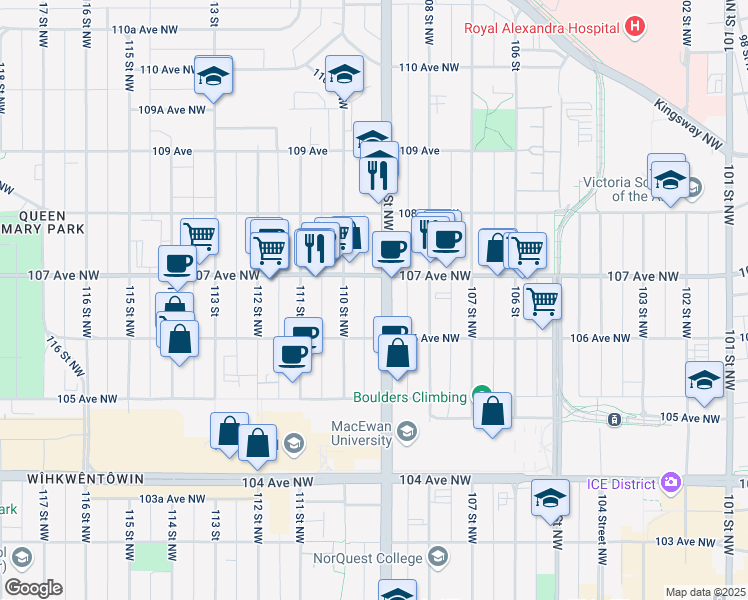 map of restaurants, bars, coffee shops, grocery stores, and more near 10908 107 Avenue Northwest in Edmonton