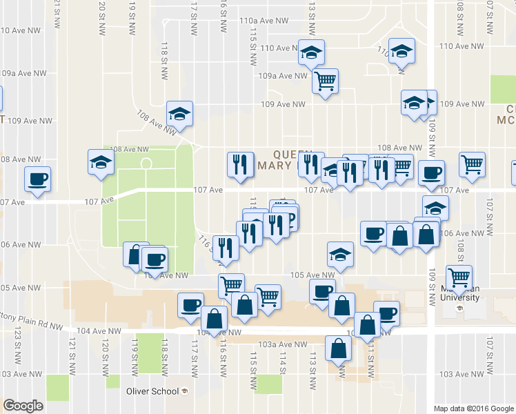 map of restaurants, bars, coffee shops, grocery stores, and more near 107 Avenue Northwest in Edmonton
