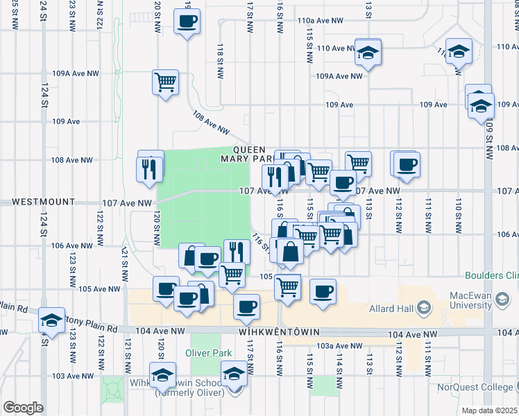 map of restaurants, bars, coffee shops, grocery stores, and more near 11627 107 Avenue Northwest in Edmonton