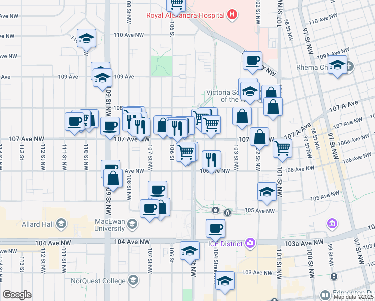 map of restaurants, bars, coffee shops, grocery stores, and more near 10644 105 Street Northwest in Edmonton