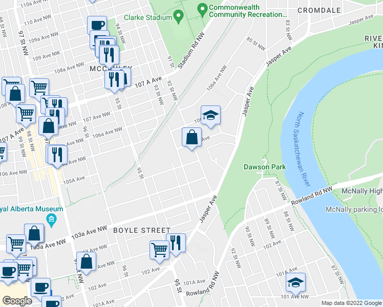 map of restaurants, bars, coffee shops, grocery stores, and more near 9023 105A Avenue in Edmonton
