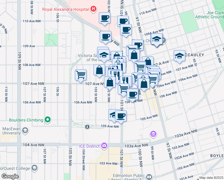 map of restaurants, bars, coffee shops, grocery stores, and more near in Edmonton