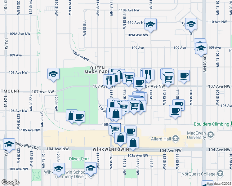map of restaurants, bars, coffee shops, grocery stores, and more near 10645 116 Street Northwest in Edmonton