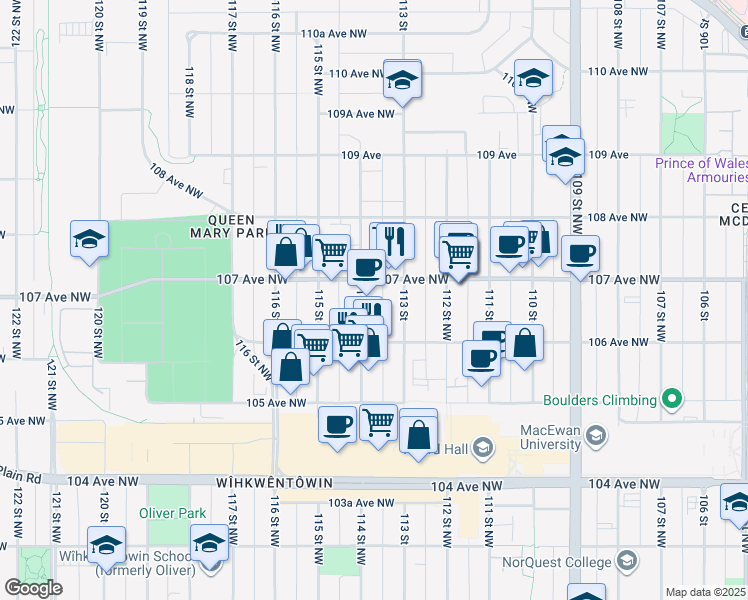 map of restaurants, bars, coffee shops, grocery stores, and more near 11314 107 Avenue Northwest in Edmonton