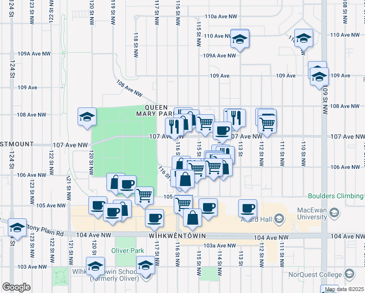 map of restaurants, bars, coffee shops, grocery stores, and more near 10924 107 Avenue Northwest in Edmonton