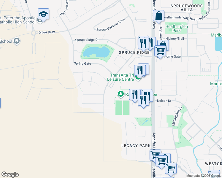 map of restaurants, bars, coffee shops, grocery stores, and more near in Spruce Grove