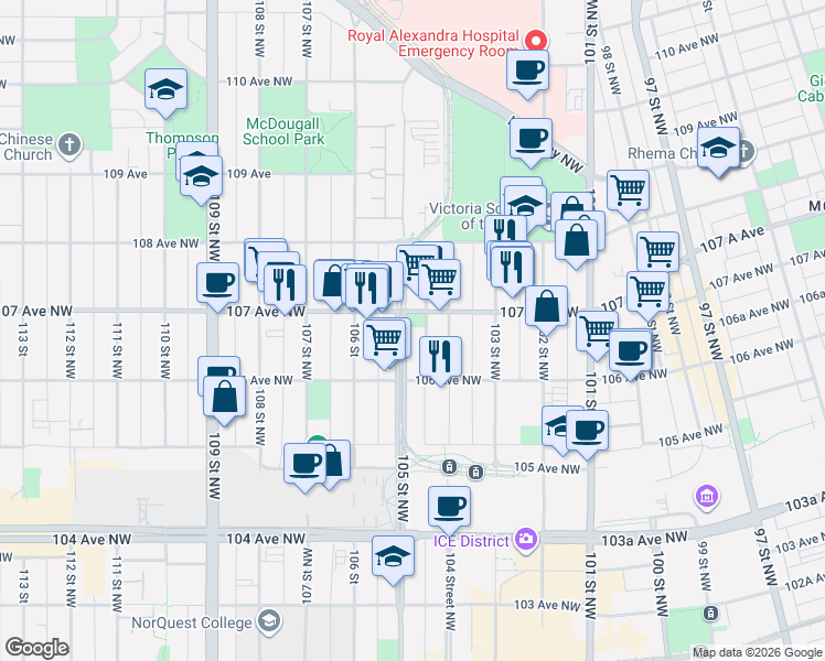 map of restaurants, bars, coffee shops, grocery stores, and more near 10651 105 Street Northwest in Edmonton