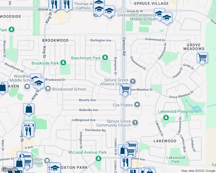 map of restaurants, bars, coffee shops, grocery stores, and more near 175 Brookwood Drive in Spruce Grove