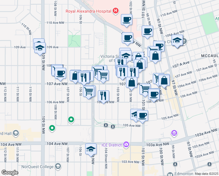 map of restaurants, bars, coffee shops, grocery stores, and more near 10651 104 Street Northwest in Edmonton