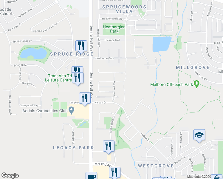 map of restaurants, bars, coffee shops, grocery stores, and more near 6 Meadowland Crescent in Spruce Grove