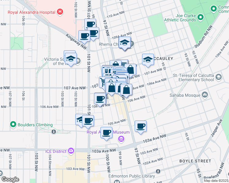 map of restaurants, bars, coffee shops, grocery stores, and more near 10721 98 Street Northwest in Edmonton