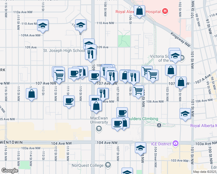 map of restaurants, bars, coffee shops, grocery stores, and more near in Edmonton