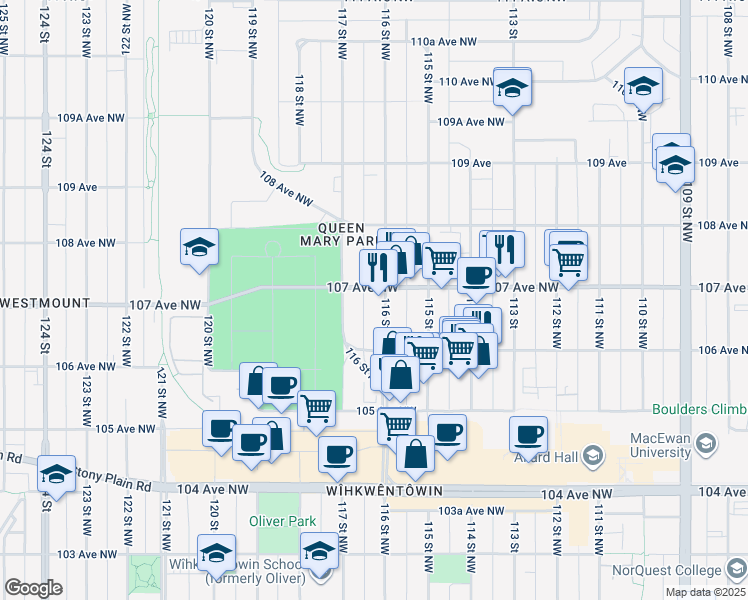 map of restaurants, bars, coffee shops, grocery stores, and more near 10924 107 Avenue Northwest in Edmonton