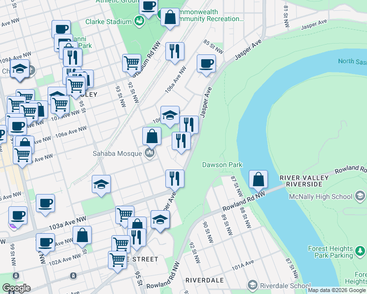 map of restaurants, bars, coffee shops, grocery stores, and more near in Edmonton