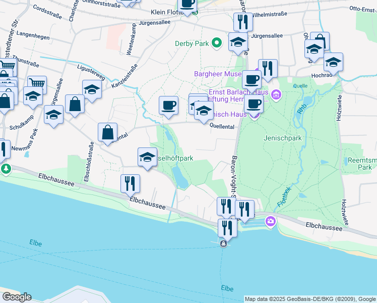 map of restaurants, bars, coffee shops, grocery stores, and more near 19 Nettelhof in Hamburg