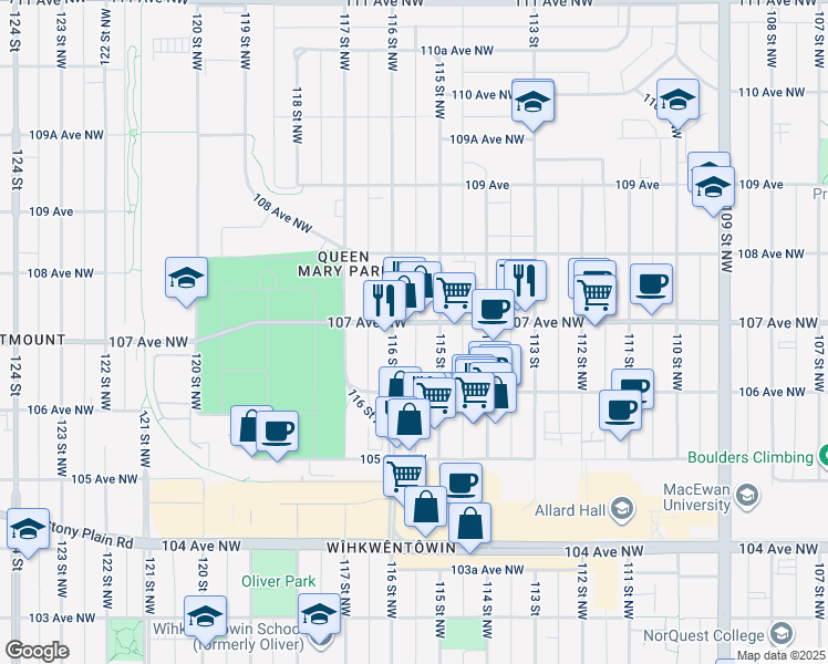 map of restaurants, bars, coffee shops, grocery stores, and more near 11502 107 Avenue Northwest in Edmonton