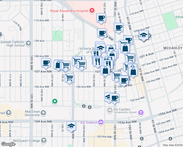 map of restaurants, bars, coffee shops, grocery stores, and more near 10304 107 Avenue Northwest in Edmonton
